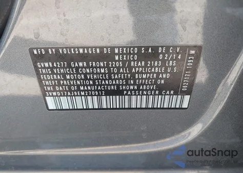 2014 Volkswagen Jetta 1.8T Se z USA, uszkodzony, nr VIN 3VWD17AJ9EM270912